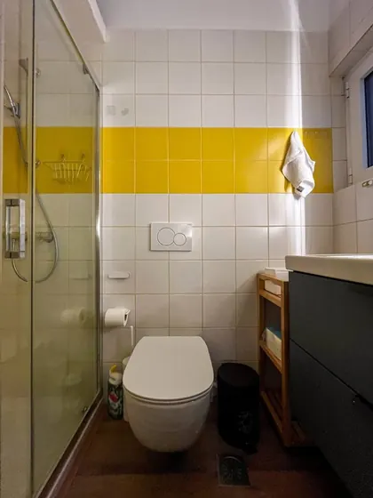 Bathroom shower, toilet, and vanity