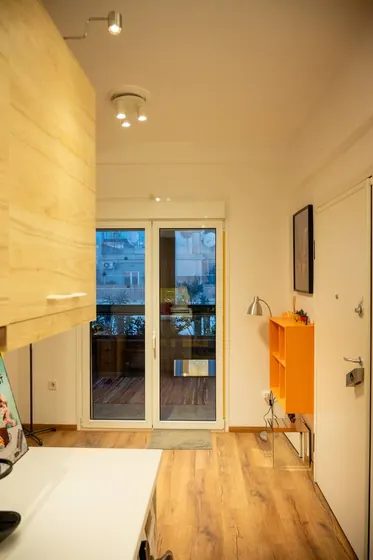 View from the kitchen toward the apartment entrance
