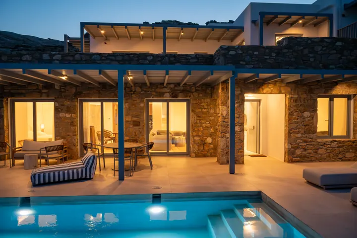 Elegant stone villa with private pool and inviting evening terrace