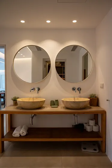 Spa-like double vanity with twin vessel sinks and elegant modern design