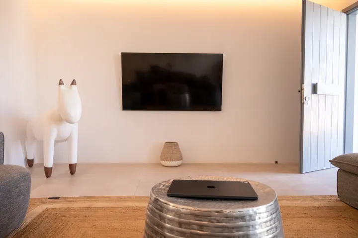 Stylish lounge with wall-mounted TV and chic minimalist decor