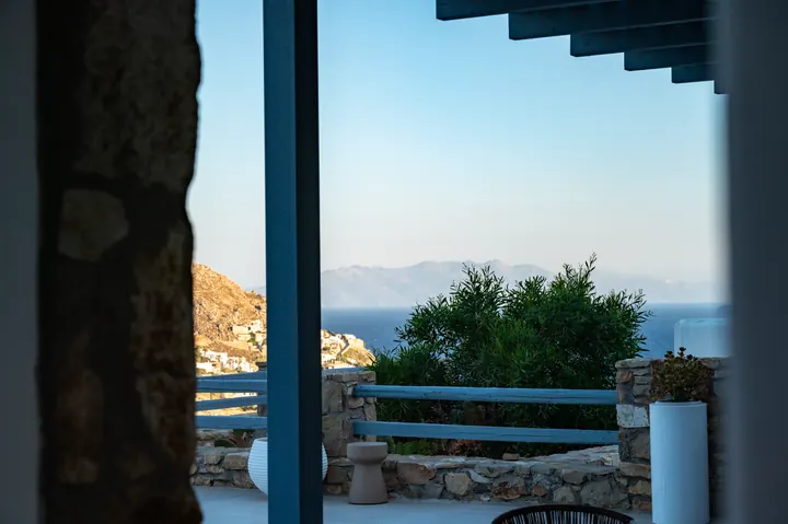 Peaceful terrace with sweeping sea views and stylish stone details